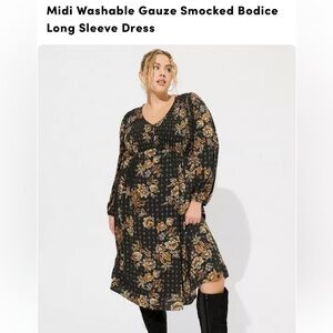 Torrid Floral Black and Gold Women's Long Sleeve Midi Dress